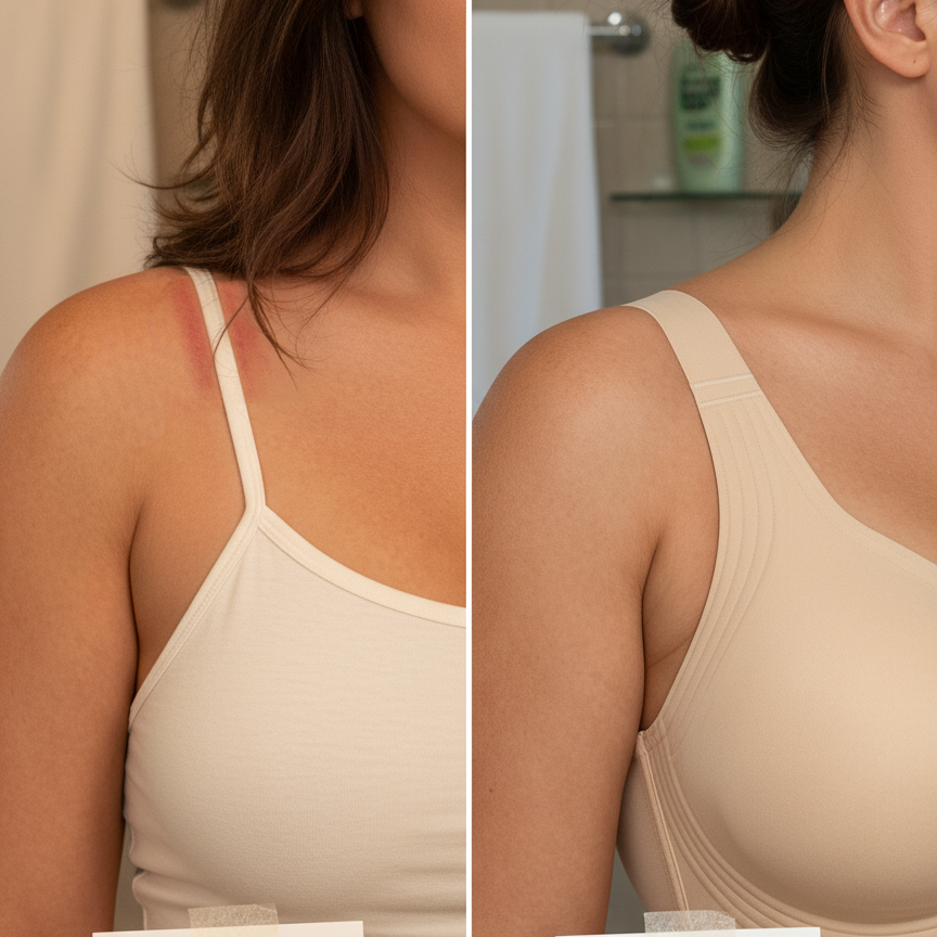 Before and after shoulder comparison — red grooves from the old bra on the left, clean skin on the right